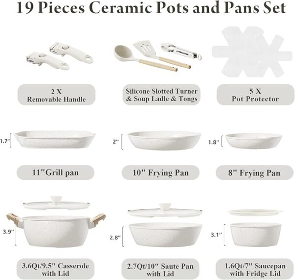 19 Pcs Pots and Pans Set Non Stick Ceramic Cookware Set with Removable Handles - Image 2