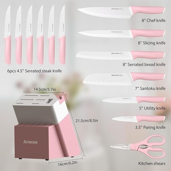 Astercook Knife Set, Kitchen Knives Set with Block and Sharpener Ceramic Coating 15 Pcs - Image 2