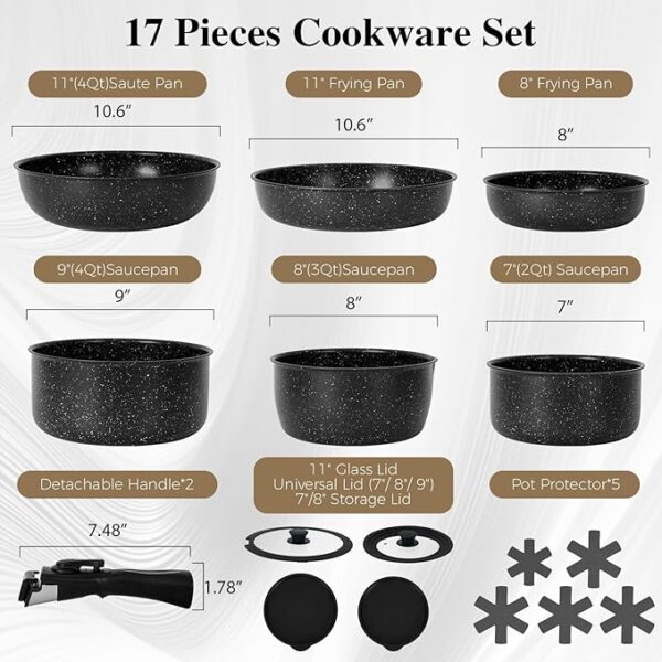 17 Pcs Pots and Pans Set Non Stick, Cookware Sets with Detachable Handle, - Image 2