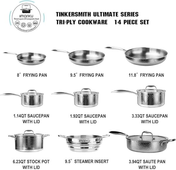 imarku Pots and Pans Set, 14PCS Kitchen Cookware Sets Tri-Ply Clad Stainless Steel - Image 2