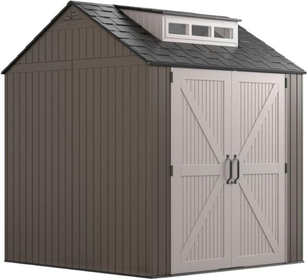 Rubbermaid Large Resin Outdoor Storage Shed With Floor (7 x 7 Ft.), Weather Resistant, Brown, Organization for Home/Lawn Mower/Backyard Equipment/Bike Storage/Pool Supplies