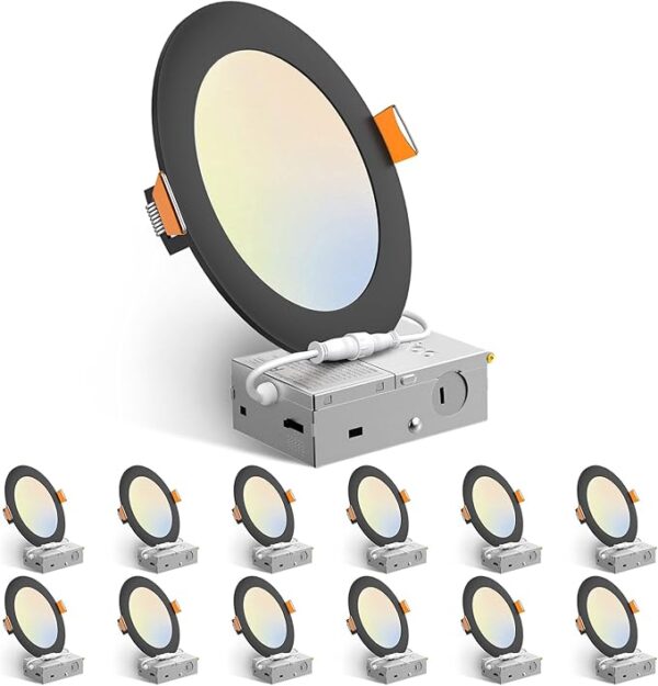 Amico 12 Pack 6 Inch 5CCT Ultra-Thin LED Recessed Ceiling Light with J-Box, 2700K/3000K/3500K/4000K/5000K Selectable, 12W Eqv 110W, Dimmable Canless Downlight, 1050LM High Brightness, Black - ETL