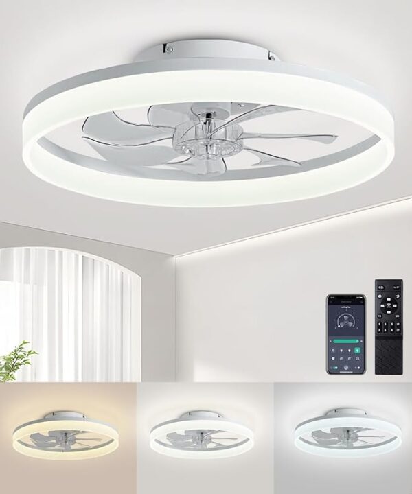 Ceiling Fans with Lights and Remote, 20" Modern Low Profile Ceiling Fan with Light, Stepless Color Temperature Change and 6 Speeds, Flush Mount Ceiling Fans for Bedroom, Kids Room.（White