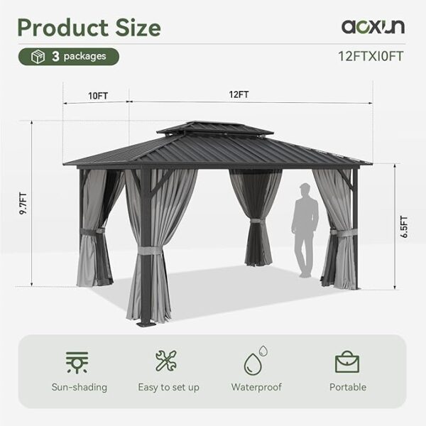 Aoxun 10'x12' Hardtop Gazebo, Aluminum Frame Canopy with Double Galvanized Steel Roof, Outdoor Metal Pavilion with Netting, Curtains for Backyard, Patio and Deck - Image 2