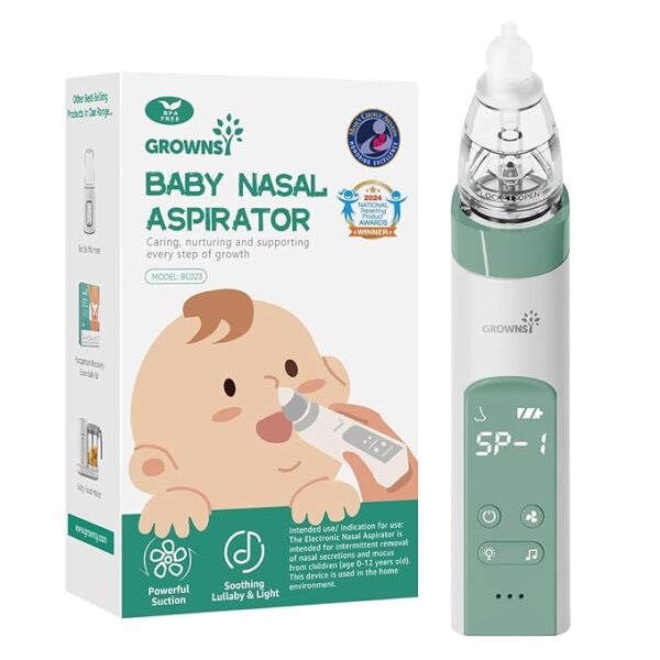GROWNSY Nasal Aspirator for Baby, Electric Nose Aspirator for Toddler, Baby Nose Sucker, Automatic Nose Cleaner with 3 Silicone Tips, Adjustable Suctions, Music and Light Soothing Function (Green)