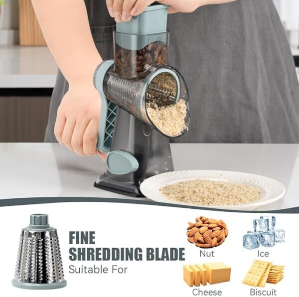 KEOUKE Rotary Cheese Grater with Handle Vegetable Cheese Shredder Slicer Grater for Kitchen 3 Changeable Blades for Cheese Potato Zucchini Nuts Chocolate - GreyBlue - Image 2