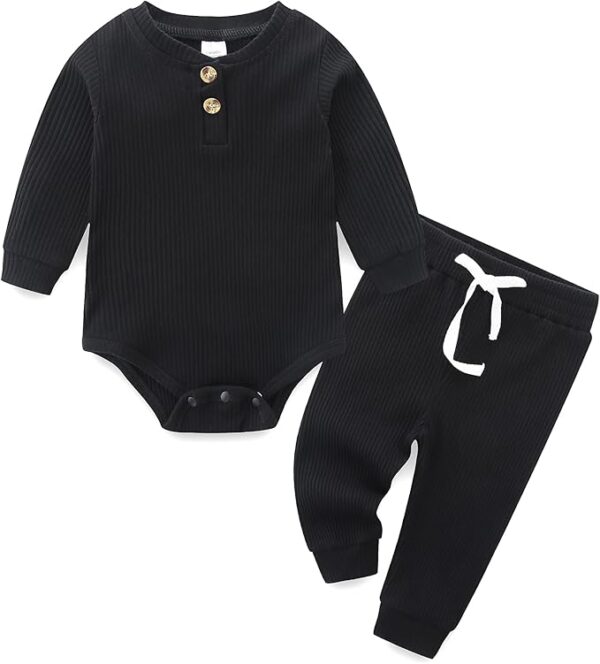 Unisex Baby Outfits Long Sleeve Onesie Snug Ribbed Cotton Bodysuit Infant Solid Tops Pants 2PCS