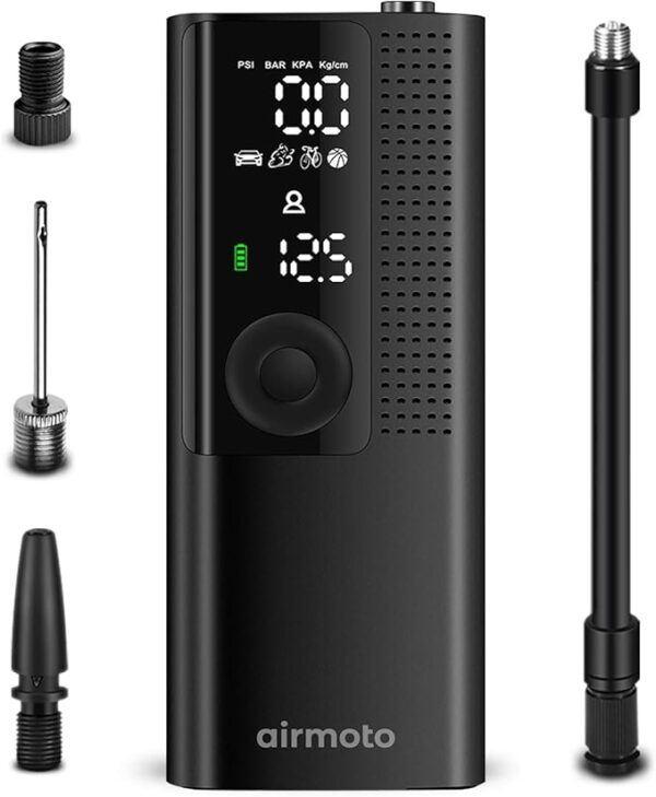 Airmoto Tire Inflator Portable Air Compressor - Air Pump For Car Tires with Digital Pressure Gauge, LED Light and Auto Shut-Off Function - Cordless Pump for Car, Motorcycle, Bicycle, Balls and More