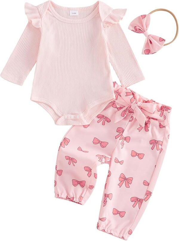 Baby Girl Fall Winter Clothes Long Sleeve Romper + Bow Print Pants + Headband Set 3pcs Newborn Infant Girl Outfits