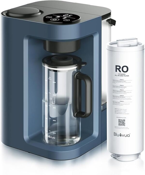 Bluevua RO100ROPOT-LITE Countertop Reverse Osmosis Water Filter System, 5 Stage Purification, 3:1 Pure to Drain, Portable Water Purifier (No Installation Required) (Blue)