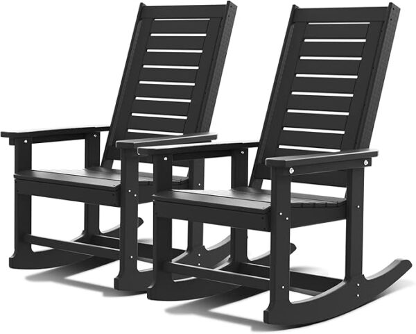 Outdoor Rocking Chairs | Set of 2 | Porch Rocker | HDPE Plastic | Black | Oversized Rockers | High Back | Big & Tall | Ladder Back | for Patio Outside Backyard Balcony Garden