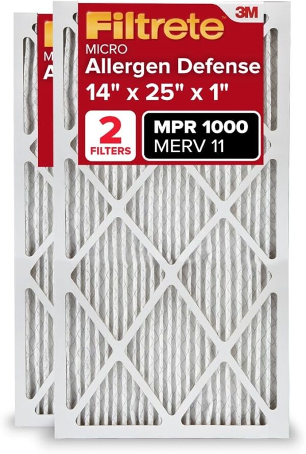 Filtrete 14x25x1 AC Furnace Air Filter, MERV 11, MPR 1000, Micro Allergen Defense, 3-Month Pleated 1-Inch Electrostatic Air Cleaning Filter, 2 Pack (Actual Size 13.781 x 24.781 x 0.84 in)