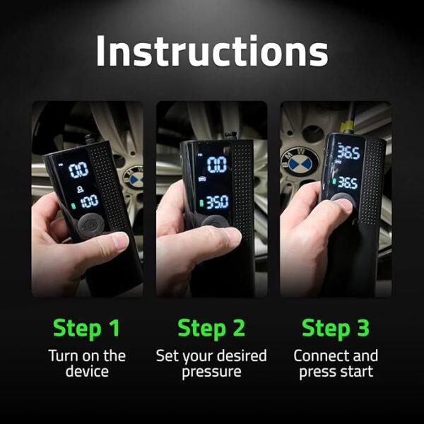 Airmoto Tire Inflator Portable Air Compressor - Air Pump For Car Tires with Digital Pressure Gauge, LED Light and Auto Shut-Off Function - Cordless Pump for Car, Motorcycle, Bicycle, Balls and More - Image 2