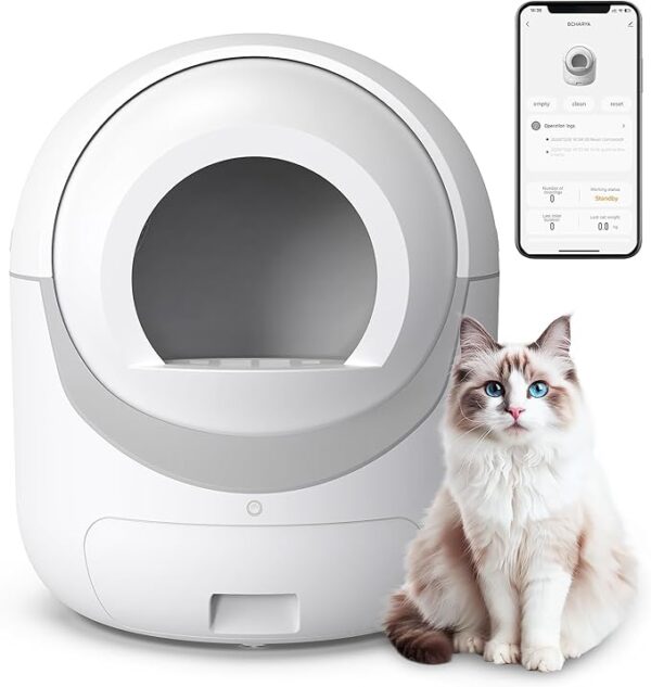 Self Cleaning Cat Litter Box, Automatic Cat Litter Box with APP Control Odor Removal Safety Protection for Multiple Cats, with Garbage Bags