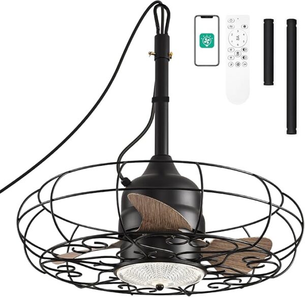 Orison Outdoor Ceiling Fans with Light, 24'' Wet Rated Outdoor Hanging Fan for Gazebo, Plug in Caged Lighting for Pergola Canopy, Hanging with Hook, 3 Color LED Light, Waterproof (24IN)