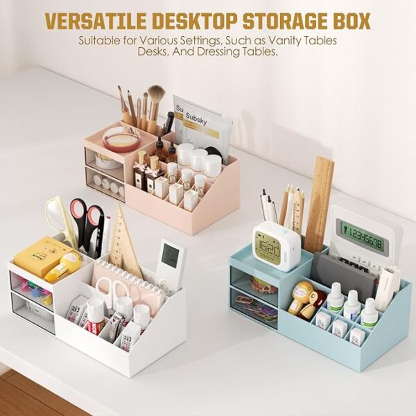 Subsky Makeup Organizer with Drawers, Easy Storage for Lipstick Brushes Eyeshadow Nail Polish, Multifunction Desk Organizer, Cosmetics Organizer for Countertop Dresser Vanity and Bathroom (Blue) - Image 2