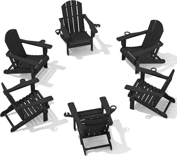 SERWALL HDPE Folding Adirondack Chair with Dual Cup Holder - Composite Adirondack Chair Set of 6- Black
