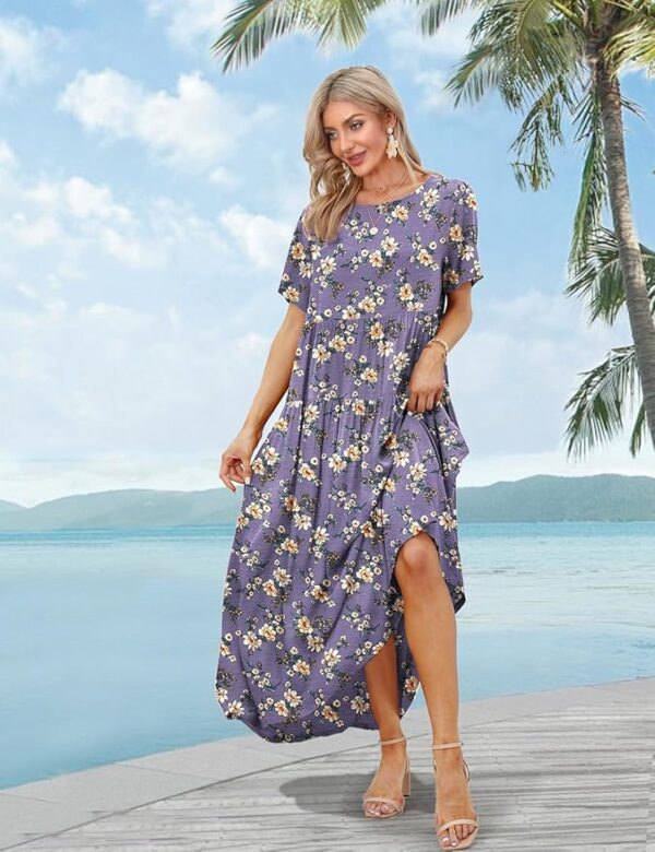 YESNO Women Casual Loose Bohemian Floral Dress with Pockets Short Sleeve Long Maxi Summer Beach Swing Dress EJF - Image 2