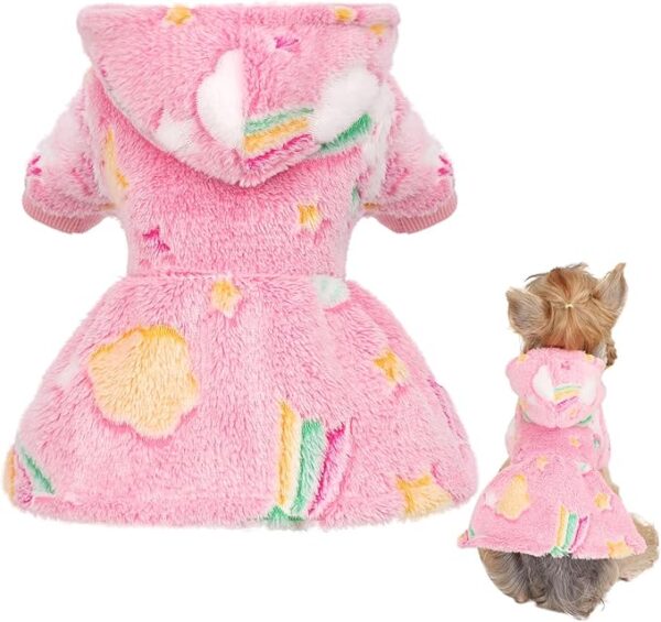 Dog Sweater Dress for Small Dogs Girl Night Glow Small Dog Sweater Female Soft Warm Fleece Dog Sweater Cute Puppy Clothes Hoodie Pet Dress Outfit Apparel for Chihuahua Yorkie, Rainbow Pink