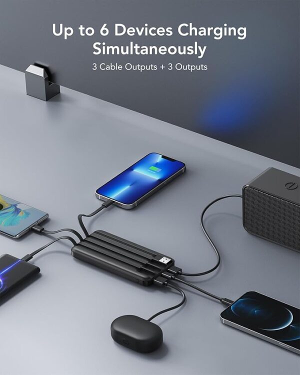 Portable Charger with Built in Cables, Portable Charger with Cords Wires Slim 10000mAh Travel Essentials Battery Pack 6 Outputs 3A High Speed Power Bank for iPhone Samsung Pixel LG Moto iPad - Image 2