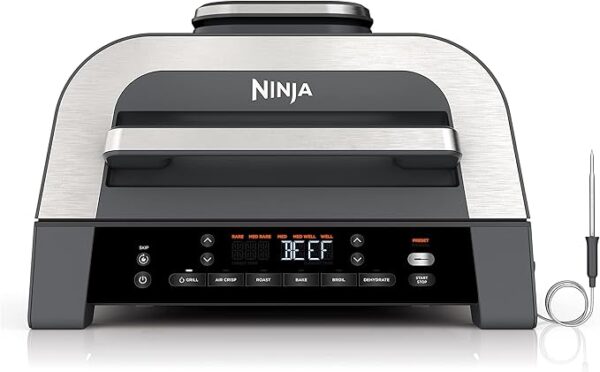 Ninja DG551 Foodi Smart XL 6-in-1 Indoor Grill with Air Fry, Roast, Bake, Broil, & Dehydrate, Foodi Smart Thermometer, 2nd Generation, Black/Silver