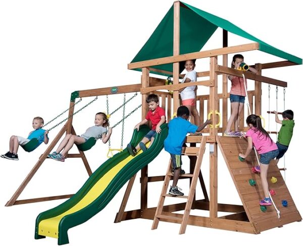 Backyard Discovery Mount McKinley All Cedar Wood Swing Set, Playground for All Kids Age 3-10, Rock Wall, Wave Slide, Fort, Double Rock Climber and Rope