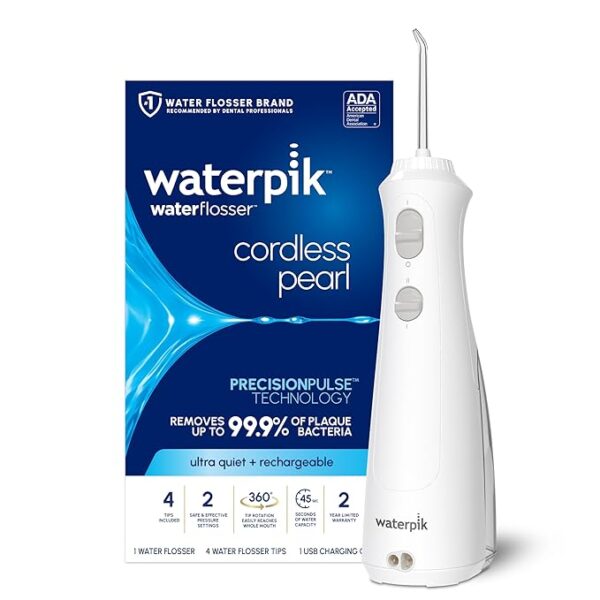 Waterpik Cordless Pearl Rechargeable Portable Water Flosser for Teeth, Gums, Braces Care and Travel with 4 Flossing Tips - ADA Accepted, WF-13 White, Packaging May Vary