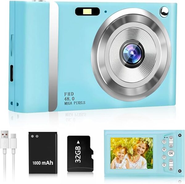 48MP Digital Camera, FHD 1080P Kids Camera Digital Point and Shoot Cameras with 16X Zoom Anti Shake, 2.4 Inch LCD Screen, Compact Small Camera for Girls Kids (Blue)