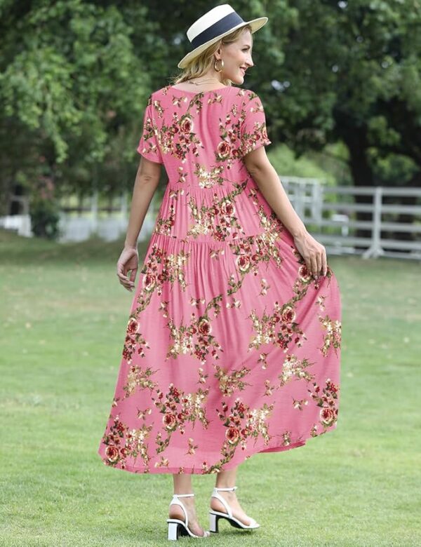 YESNO Women Casual Loose Bohemian Floral Dress with Pockets Short Sleeve Long Maxi Summer Beach Swing Dress EJF - Image 2