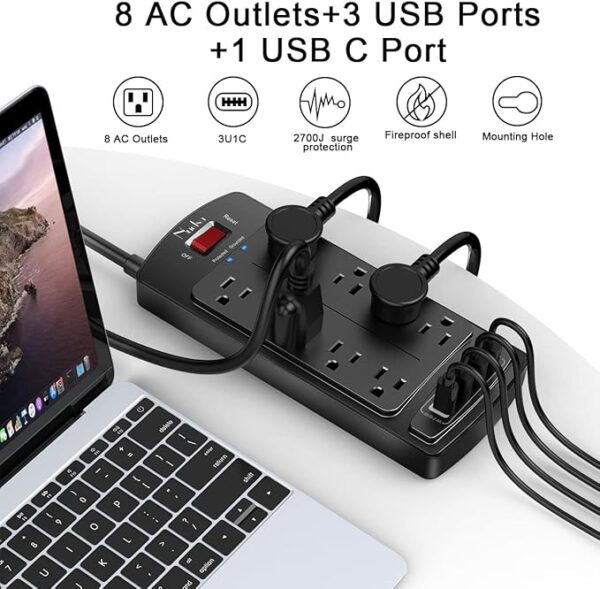 Surge Protector Power Strip - Nuetsa Flat Plug Extension Cord with 8 Outlets and 4 USB Ports, 6 Feet Power Cord (1625W/13A), 2700 Joules, ETL Listed, Black - Image 2