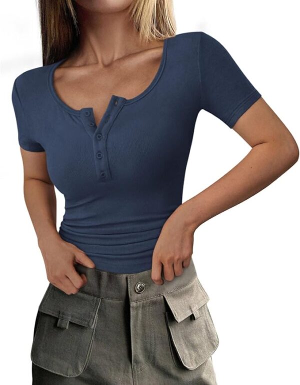 PRETTYGARDEN Women's 2025 Summer Short Sleeve Tops Ribbed Knit Henley