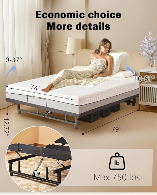 King Size Adjustable Bed Frame with Quiet Motor - Head & Foot Incline, Zero Gravity, Wireless Remote Control, Easy Installation (79" L x 74" W x 12.72" H) - Image 2