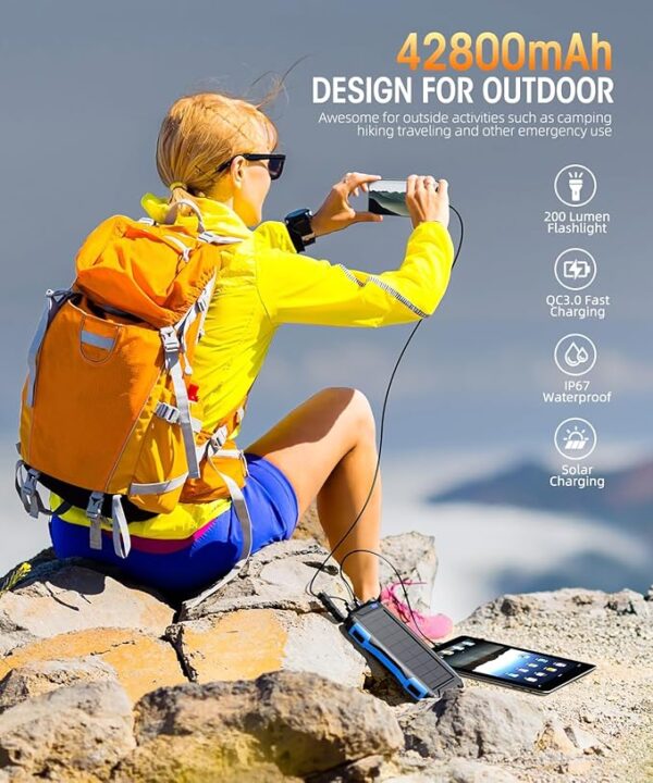 Power-Bank-Solar-Charger - 42800mAh Portable Charger,Solar Power Bank,External Battery Pack 5V3.1A Qc 3.0 Fast Charger Built-in Super Bright Flashlight (Blue) - Image 2