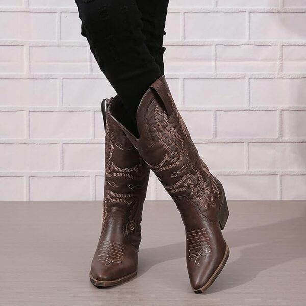 Cowboy Boots for Women Cowgirl Mid Calf Western Boots Embroidered Stitched Pointed Toe Chunky Block Heel Brown Red Black US5-11 - Image 2