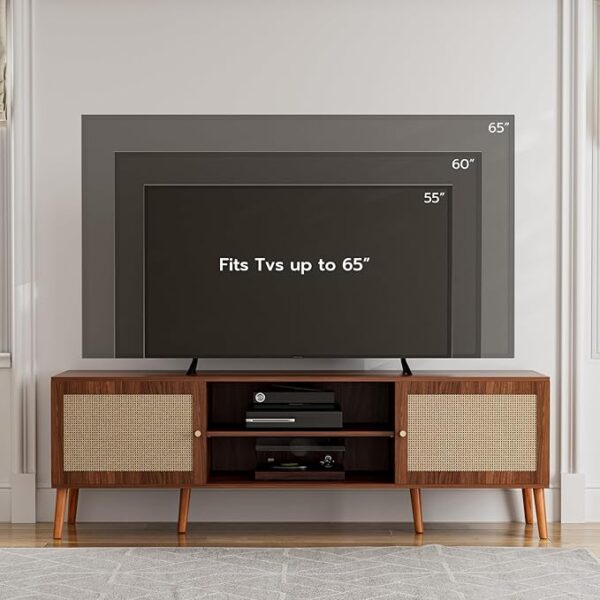 TV Stand for TVs up to 65'', Entertainment Center with Rattan Door, Shelves & 2 Cabinets, Long Boho Media TV Console for Living Room, Walnut - Image 2