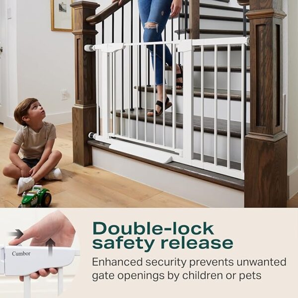 Cumbor 29.7-46" Baby Gate for Stairs, Toddler Safety Essentials for The House, Auto Close Dog Gate for Doorways, Mom's Choice Awards Winner-Easy Install Pressure Mounted Pet Gates for Dogs, White - Image 2