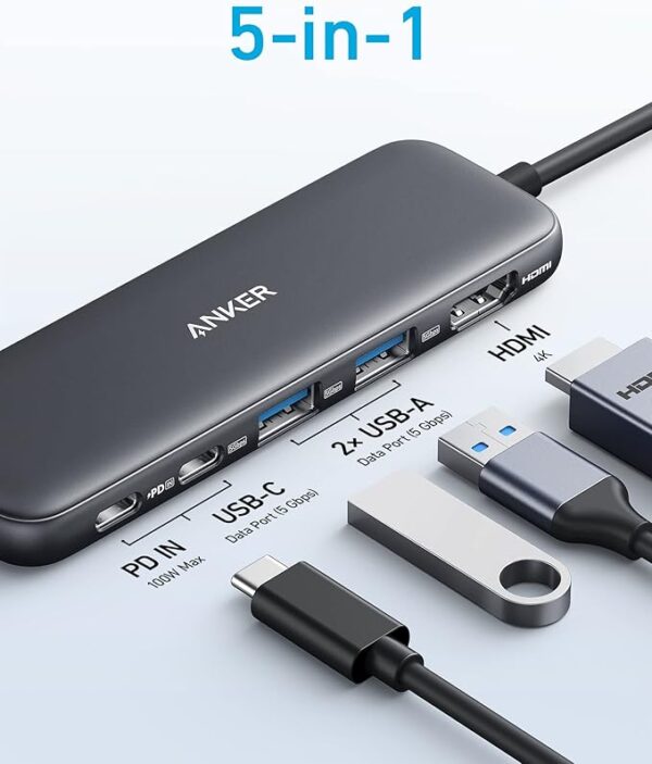 Anker USB C Hub, 5-in-1 USBC to HDMI Splitter with 4K Display, 1 x Powered USB-C 5Gbps & 2×Powered USB-A 3.0 5Gbps Data Ports for MacBook Pro, MacBook Air, Dell and More - Image 2