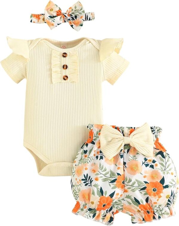 Baby Girl Clothes Newborn Infant Outfit Ruffle Romper and Short Pants Clothing Sets for Summer Spring