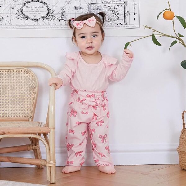 Baby Girl Fall Winter Clothes Long Sleeve Romper + Bow Print Pants + Headband Set 3pcs Newborn Infant Girl Outfits - Image 2