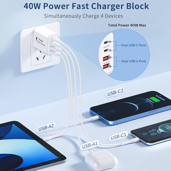 USB C Charger Block 40W, 2Pack 4-Port Type C Fast Charging Blocks PD USB C Wall Plug + QC USB A Charger Cube Multiport Brick Compatible with iPhone 16 15 14 13 12 11 Pro Max XS, Samsung