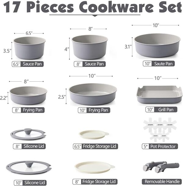 SENSARTE 17 Piece Ceramic Pots and Pans Set, Nonstick Detachable Handle Cookware, Induction Kitchen Cookware Set with Removable Handle, Dishwasher ＆ Oven Safe, PFAS/PTFE/PFOA Free (Gray) - Image 2