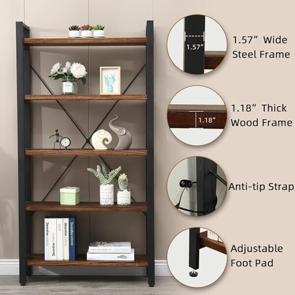 5, Tier Bookcase Solid Wood Bookshelf Rustic Vintage Industrial Etagere Bookcase, Metal and Wood Free Vintage Bookshelf, Retro Brown (Real Wood) (5-Tiers - Image 2