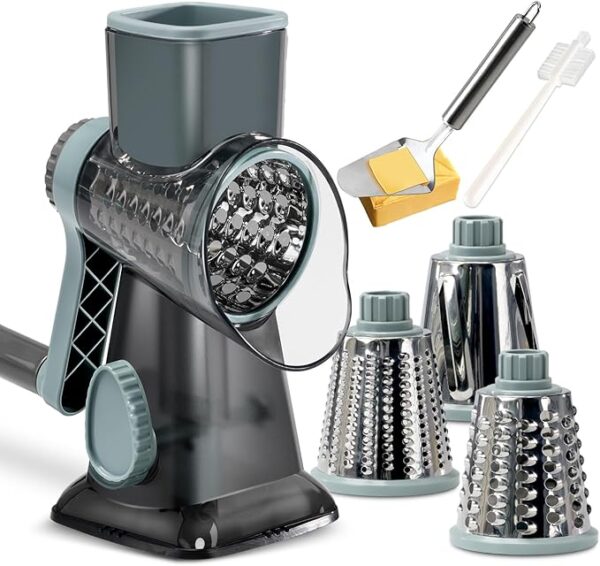 KEOUKE Rotary Cheese Grater with Handle Vegetable Cheese Shredder Slicer Grater for Kitchen 3 Changeable Blades for Cheese Potato Zucchini Nuts Chocolate - GreyBlue