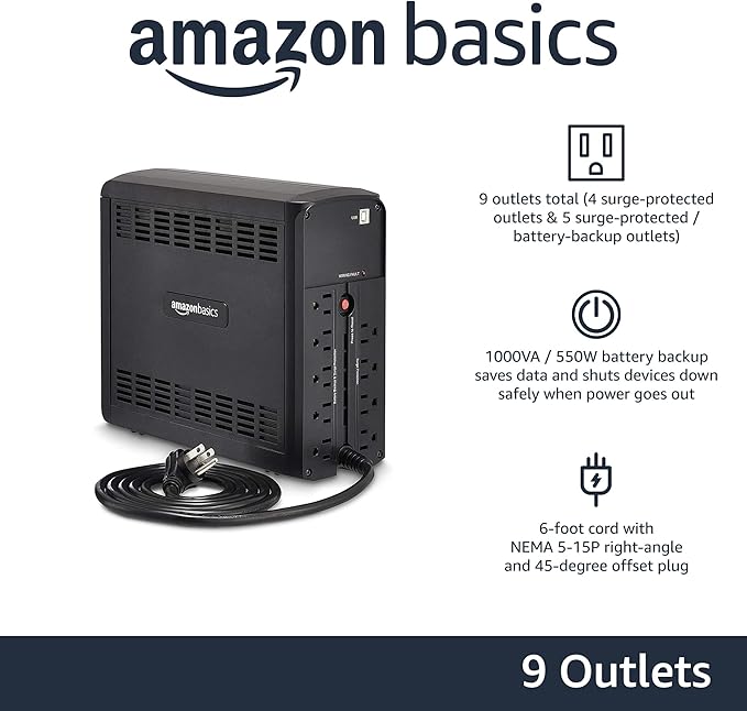Amazon Basics UPS Battery Backup & Surge Protector 1000VA/550W, 9 Outlets, Line Interactive Uninterruptible Power Supply, for Power Outage Protection, Black - Image 2