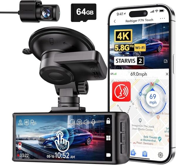 REDTIGER 4K Dash Cam Front and Rear, Touch Screen 3.18 Inch, Voice Control, 5.8GHz WiFi Car Dash Camera with 64GB Card, GPS, UHD 2160P Night Vision, WDR, Emergency Lock, Parking Monitor (F7N Touch)