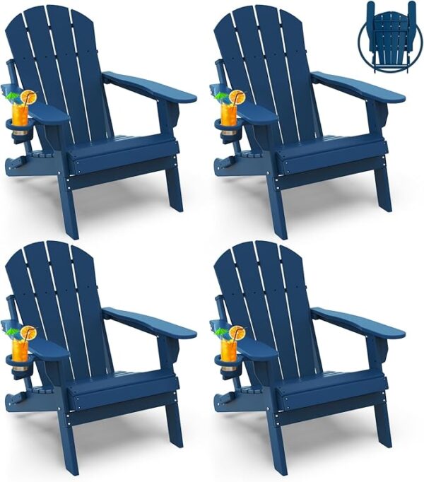 Folding-Adirondack-Chairs-Set-of-4 | HDPE Plastic | Fire Pit Chair | All Weather | Cup Holder | Blue | for Deck Backyard Patio Outdoor Garden