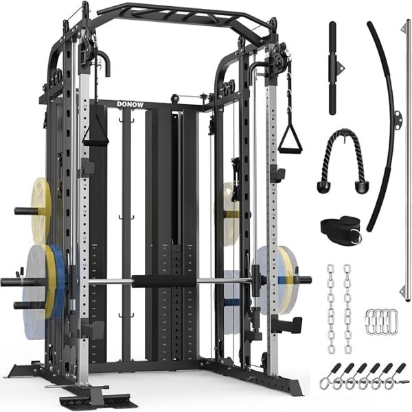 DONOW Smith Machine with Weight Stacks Power Cage Squat Rack Dual Cable Crossover Machine Home Gym Systems Station LAT Pull Down 160kg Cement Weights Ratio 2:1