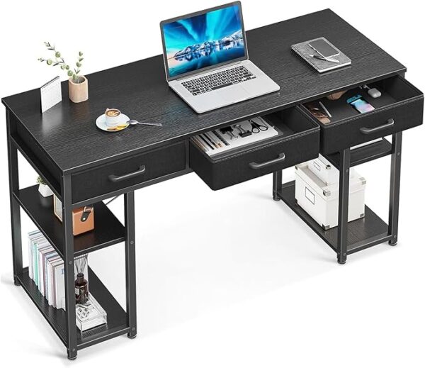 ODK Office Small Computer Desk: Home Table with Fabric Drawers & Storage Shelves, Modern Writing Desk, Black, 48"x16
