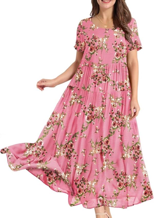 YESNO Women Casual Loose Bohemian Floral Dress with Pockets Short Sleeve Long Maxi Summer Beach Swing Dress EJF