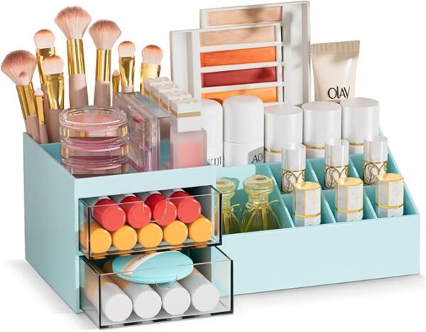 Subsky Makeup Organizer with Drawers, Easy Storage for Lipstick Brushes Eyeshadow Nail Polish, Multifunction Desk Organizer, Cosmetics Organizer for Countertop Dresser Vanity and Bathroom (Blue)